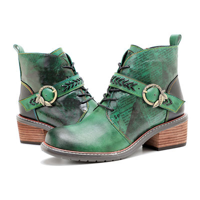 Retro estilo casual botas de cuero de mujer tacones bajos dedo redondo