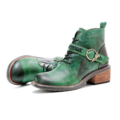 Retro estilo casual botas de cuero de mujer tacones bajos dedo redondo