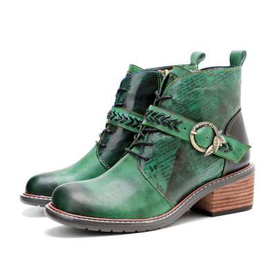 Retro estilo casual botas de cuero de mujer tacones bajos dedo redondo