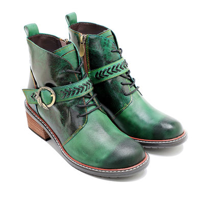 Retro estilo casual botas de cuero de mujer tacones bajos dedo redondo