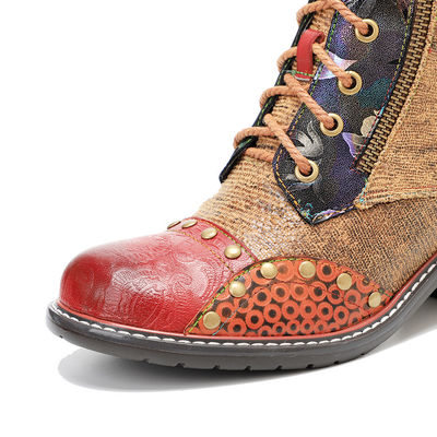 Botas de cuero de mujer marrón de tacón bajo botas de tobillo de mujer de encaje