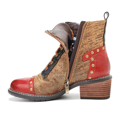 Botas de cuero de mujer marrón de tacón bajo botas de tobillo de mujer de encaje
