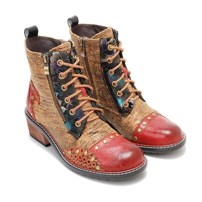 Botas de cuero de mujer marrón de tacón bajo botas de tobillo de mujer de encaje