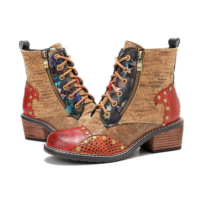 Botas de cuero de mujer marrón de tacón bajo botas de tobillo de mujer de encaje
