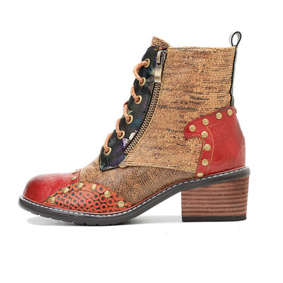 Botas de cuero de mujer marrón de tacón bajo botas de tobillo de mujer de encaje