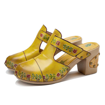 Mujeres de moda amarillas Sandalias Floral Cintas de ropa de mujer Clogs de cuero Sandalias