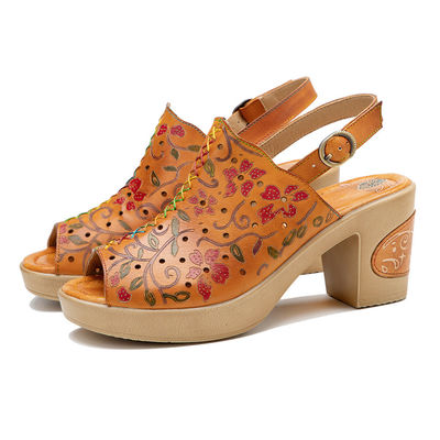 Mujeres de moda bohemia Sandalias de cuero naranja Sandalias de tacón