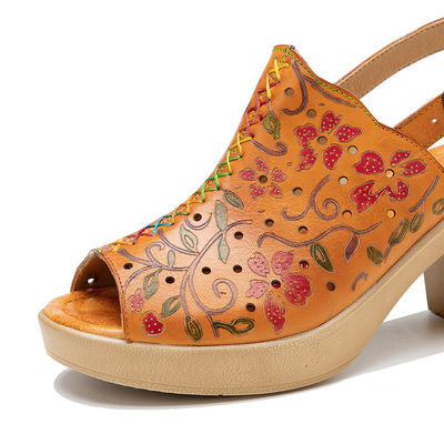 Mujeres de moda bohemia Sandalias de cuero naranja Sandalias de tacón