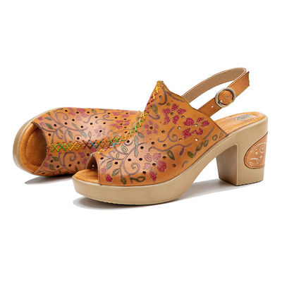 Mujeres de moda bohemia Sandalias de cuero naranja Sandalias de tacón