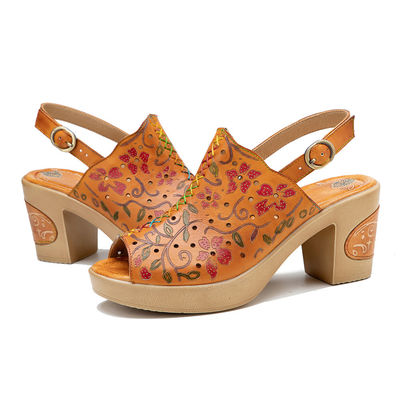 Mujeres de moda bohemia Sandalias de cuero naranja Sandalias de tacón