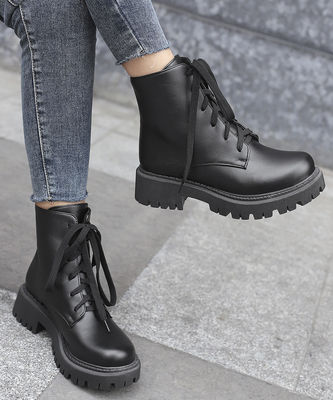 Botas de piel de caucho para mujeres Botas de estilo militar negras Botas para estándares