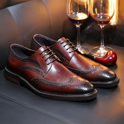 Estilo Derby Hombres Marrón Pantalones de cordón Hombres planos Tejido de cuero Slip On zapatos