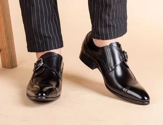 Zapatos de pie redondo negro Derby hombre vestido de cuero con hebilla Banquete Oxford