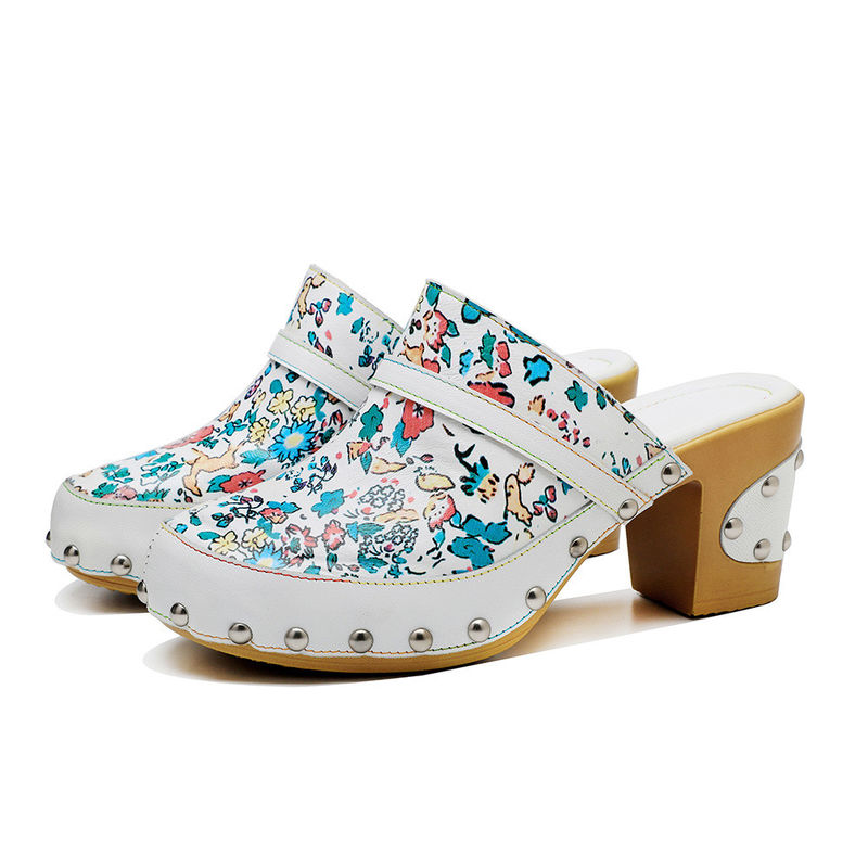 Mulas de color de Bohemia Plataforma Bloquear el Talón Sandalias de Cuero Clogs zapatos